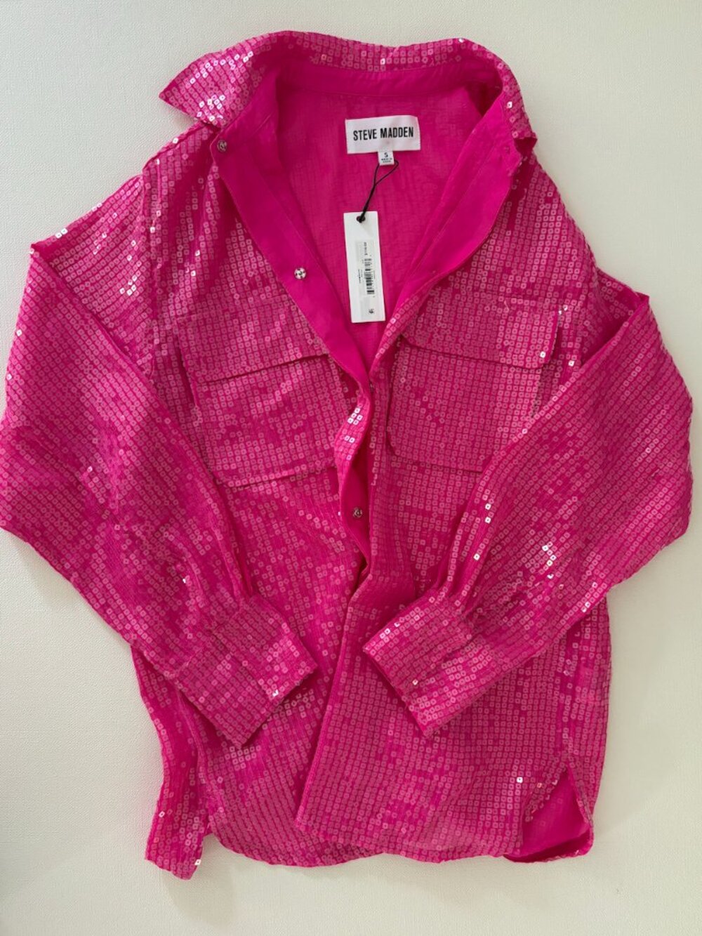 NWT Steve Madden Hot Pink Sequin Button Down Top Size S